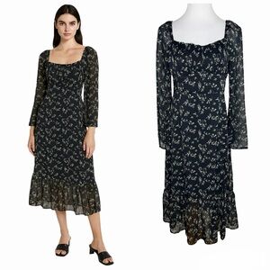 Lulus Black Floral Midi Dress Size Large NWT Long Sleeves Dark Cottagecore